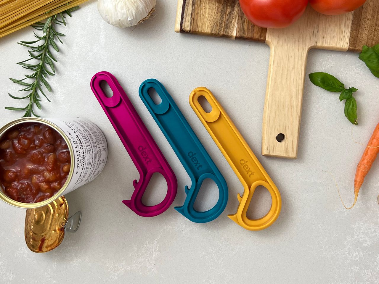 Mulberry, Yellow and Teal RIngPulls on a kitchen surface